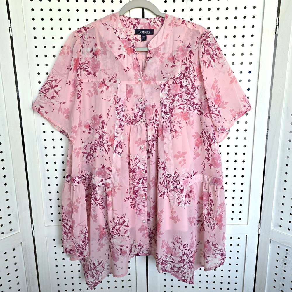 Roamans Pink Floral Two Piece Tunic Blouse Top Womens SIZE 20 W